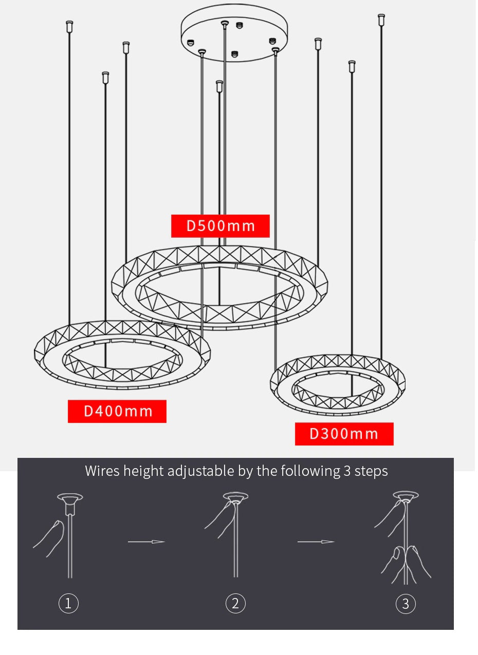 Crystal Pendant Lamp - 3 Rings Chandelier - Crystal Led Pendant Lamp - Living Room Lamp - Cold White - Modern Lamp - Pendant Lamp