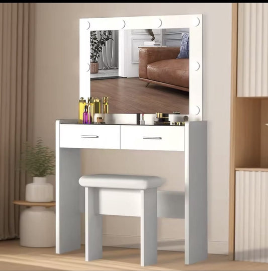 Kaptafel Met Kruk - Make up tafel - Kaptafel Met LED Spiegel - 2 Laden - Met Glas - Cosmeticatafel - Modern - Wit - Met 8 LED Lampen