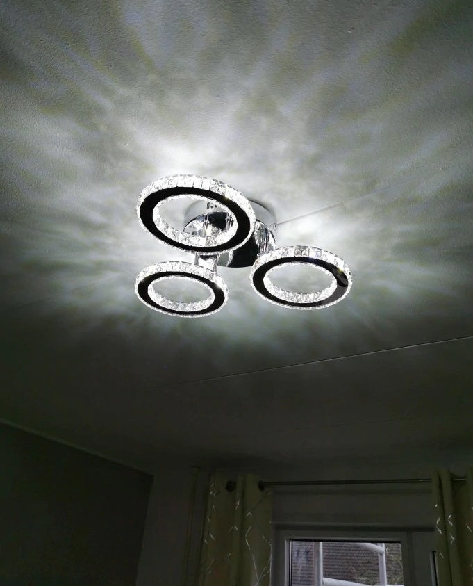LuxiLamps - 3 Cirkel Chroom Kroonluchter - Dimbaar Met Afstandsbediening - Woonkamerlamp - LED Plafondlamp - Plafonniere - Crystal LED Lamp