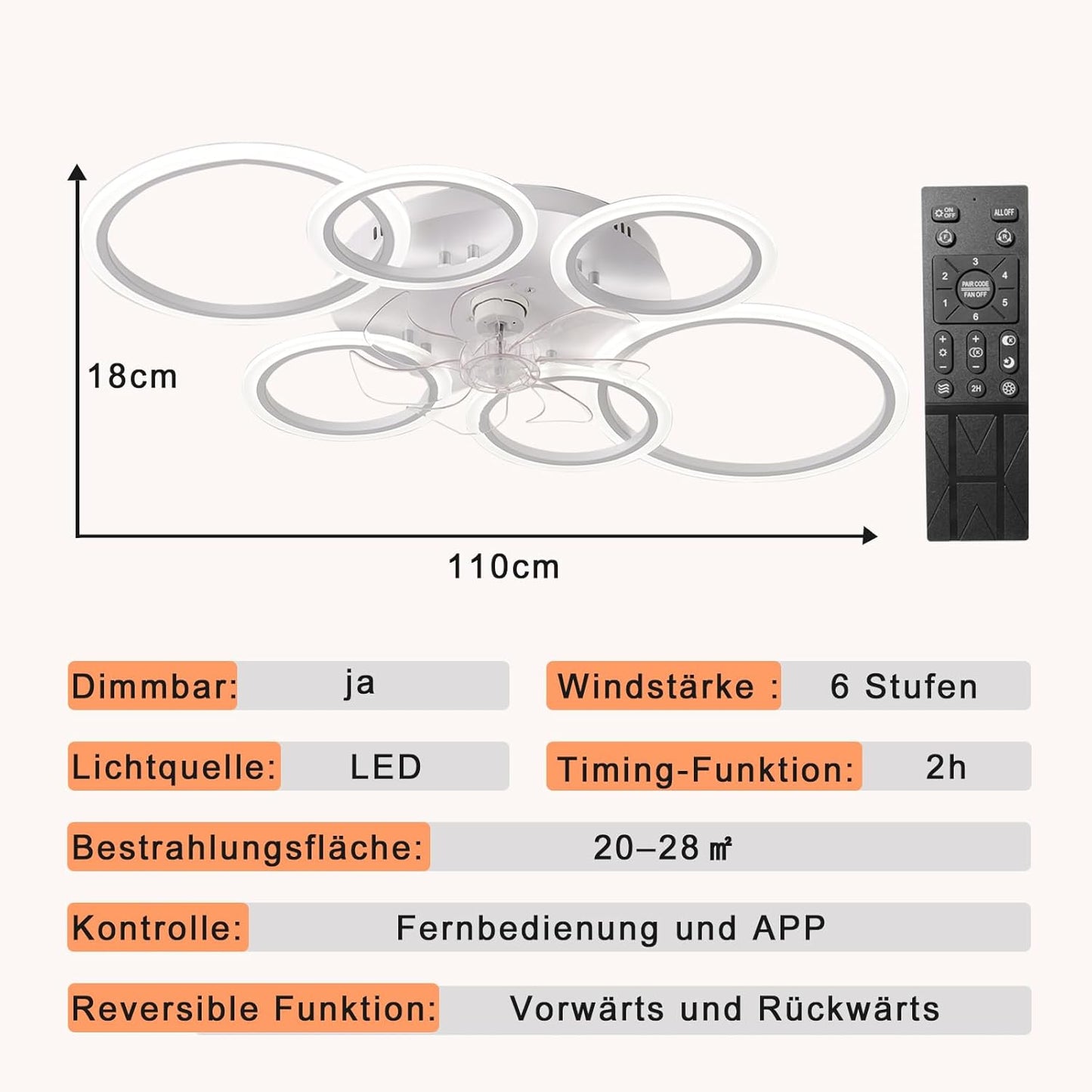 LuxiLamps - 6 Ringen LED Plafondventilator - Wit - 6 Snelheden - Smart lamp - Dimbaar Met Afstandsbediening & APP - Moderne Cirkel Ventilator Licht - Kroonluchter Ventilator