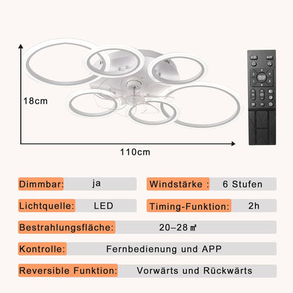 LuxiLamps - 6 Ringen LED Plafondventilator - Wit - 6 Snelheden - Smart lamp - Dimbaar Met Afstandsbediening & APP - Moderne Cirkel Ventilator Licht - Kroonluchter Ventilator