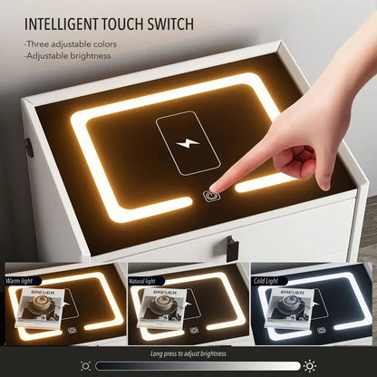 Nachtkast Met LED - 3 USB Poorten - Draadloos Opladen - Wit - 2 Laden - 50x45x40cm - Slim Nachtkastje - Slaapkamer - 3 Kleuren LED