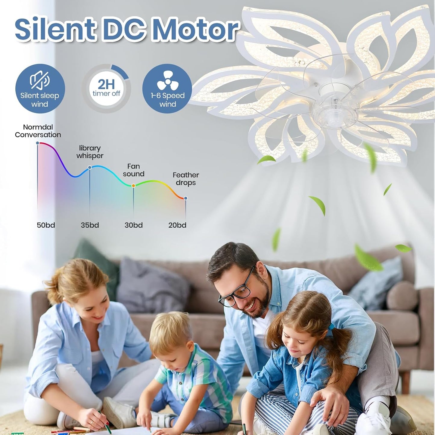 6 Bloem Crystal Ventilator Lamp - Plafondventilator - Wit - 6 Standen - Smart Lamp - Dimbaar - Kroonluchter Ventilator - Chandelier Fan - Woonkamerlamp - Ventilator Lampen