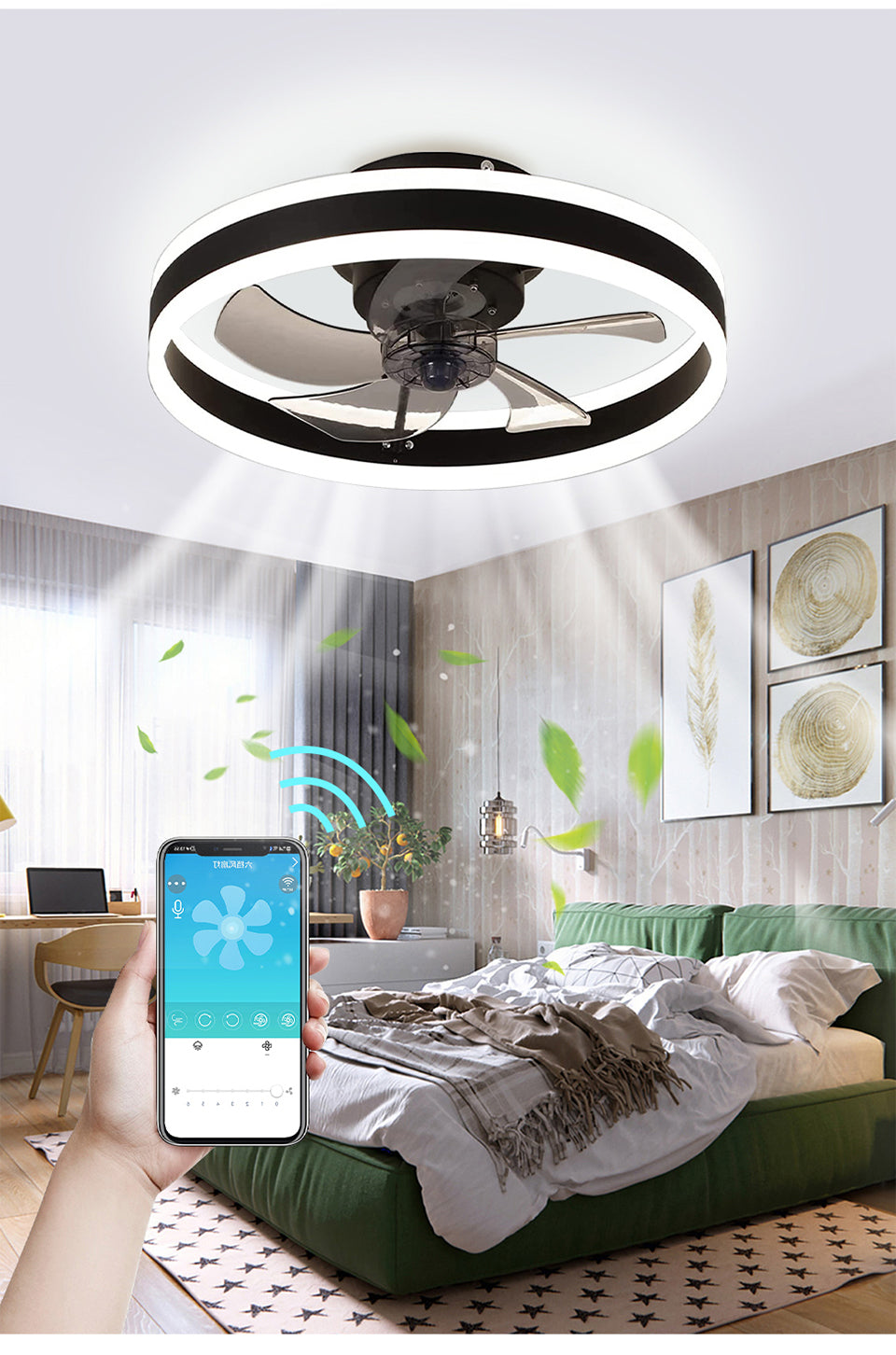 LuxiLamps - Fan Lamp - Smart Lamp - 6 Modes - Dimmable - Black - Chandelier Fan - Chandelier Fan - Living Room Lamp - Fan Lamps