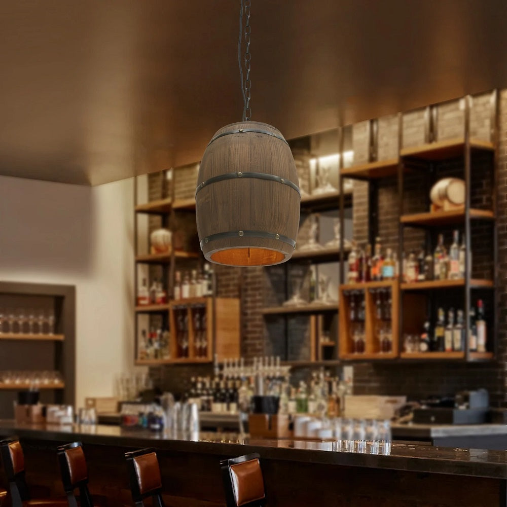 Wooden Wine Barrel Pendant Lamp - Vintage Retro Chandelier - Black - 90 Cm Adjustable Chain - E27