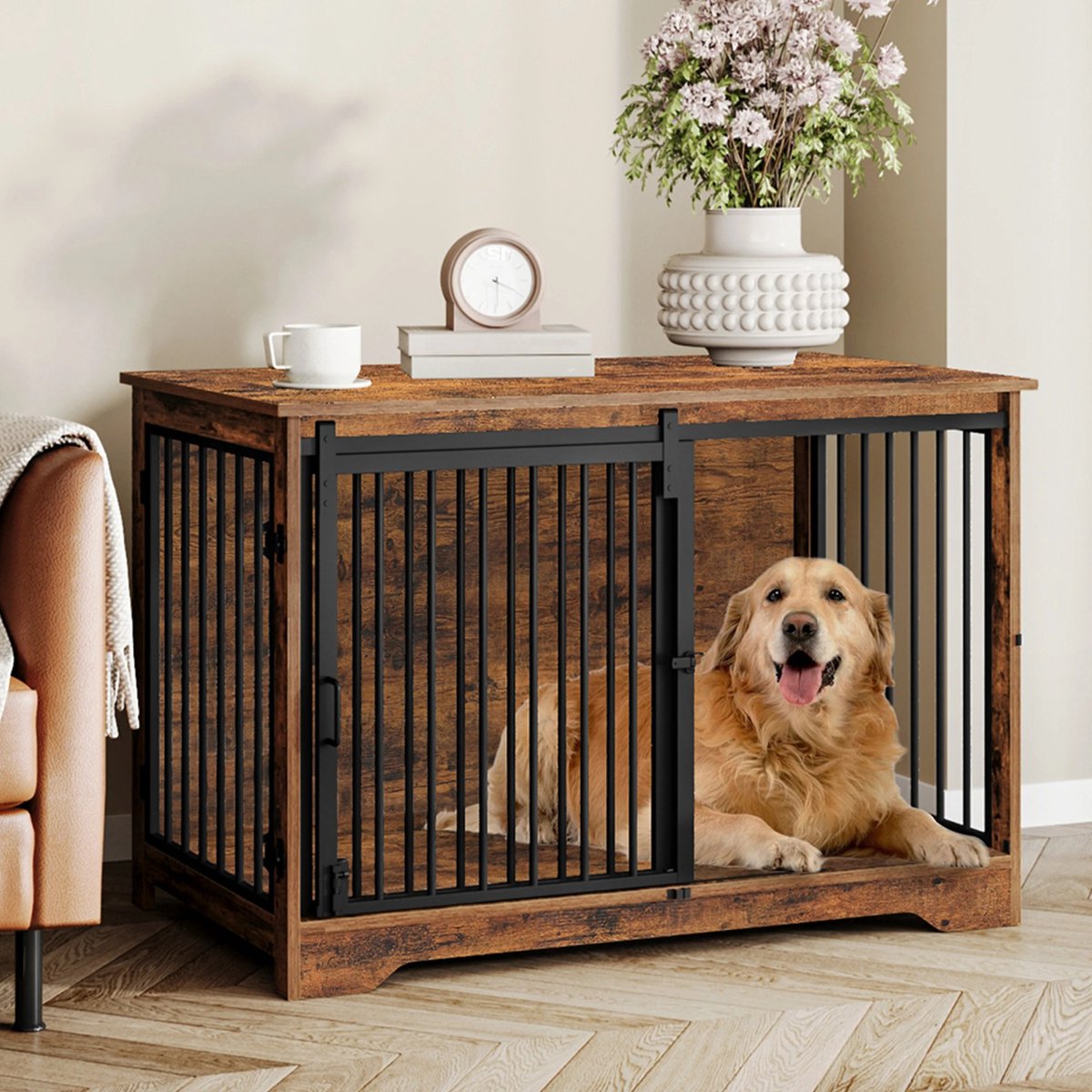 dog crate furniture - 100 cm - brown - 2 sliding doors - dog box - dog crate - beautiful design - multifunctional - coffee table / TV stand - chew and scratch resistant