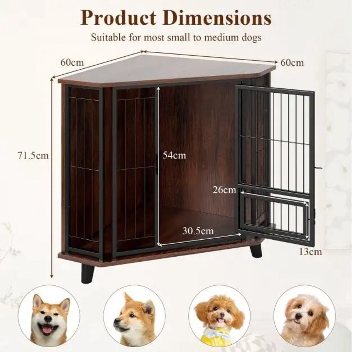 Hondenbench Meubel Hoek – Hondenkooi – Hondenhok – Bijzettafel – 3 Poten – Voerbakdeur – 60x60x71,5 cm – Donkerbruin