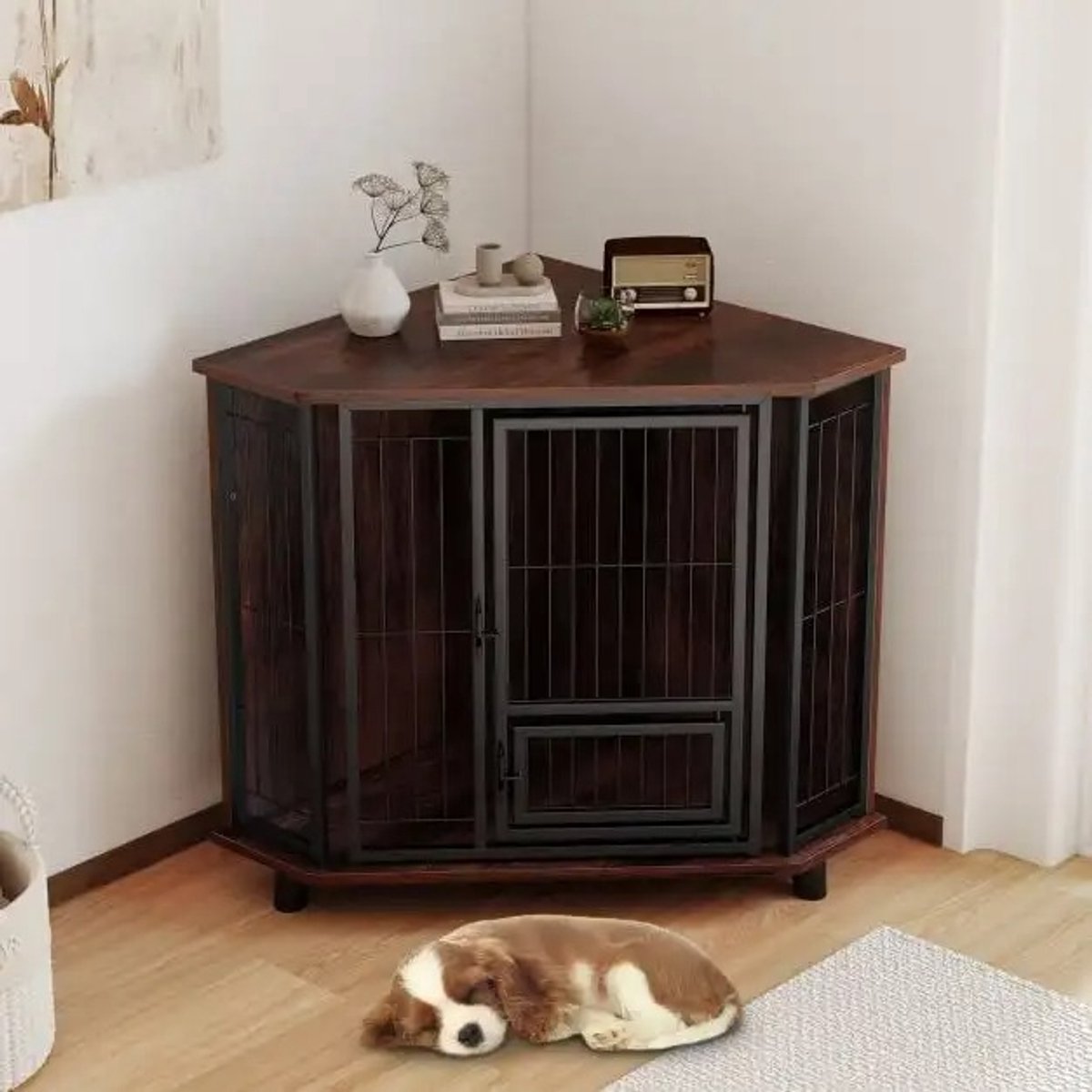 Hondenbench Meubel Hoek – Hondenkooi – Hondenhok – Bijzettafel – 3 Poten – Voerbakdeur – 60x60x71,5 cm – Donkerbruin