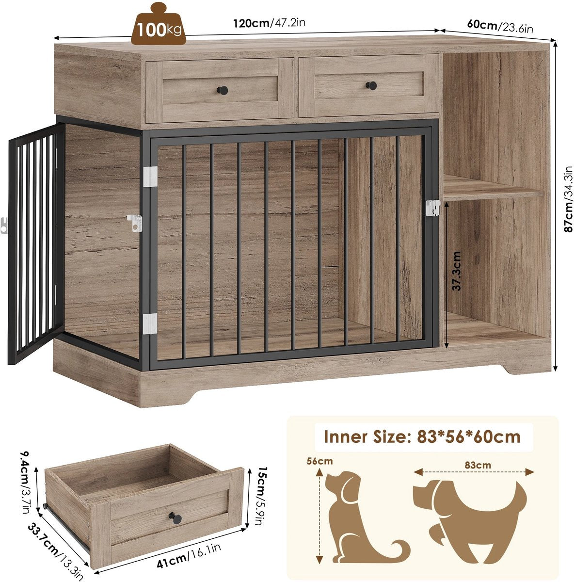 Dog Crate Furniture – Dog Cage – Dog Kennel – Crate Table – Dog Cabinet with Storage Drawers & Shelves – 120x87x60cm - Brown