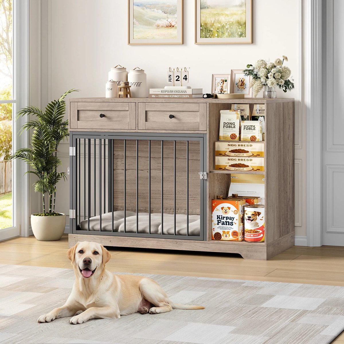 Dog Crate Furniture – Dog Cage – Dog Kennel – Crate Table – Dog Cabinet with Storage Drawers & Shelves – 120x87x60cm - Brown