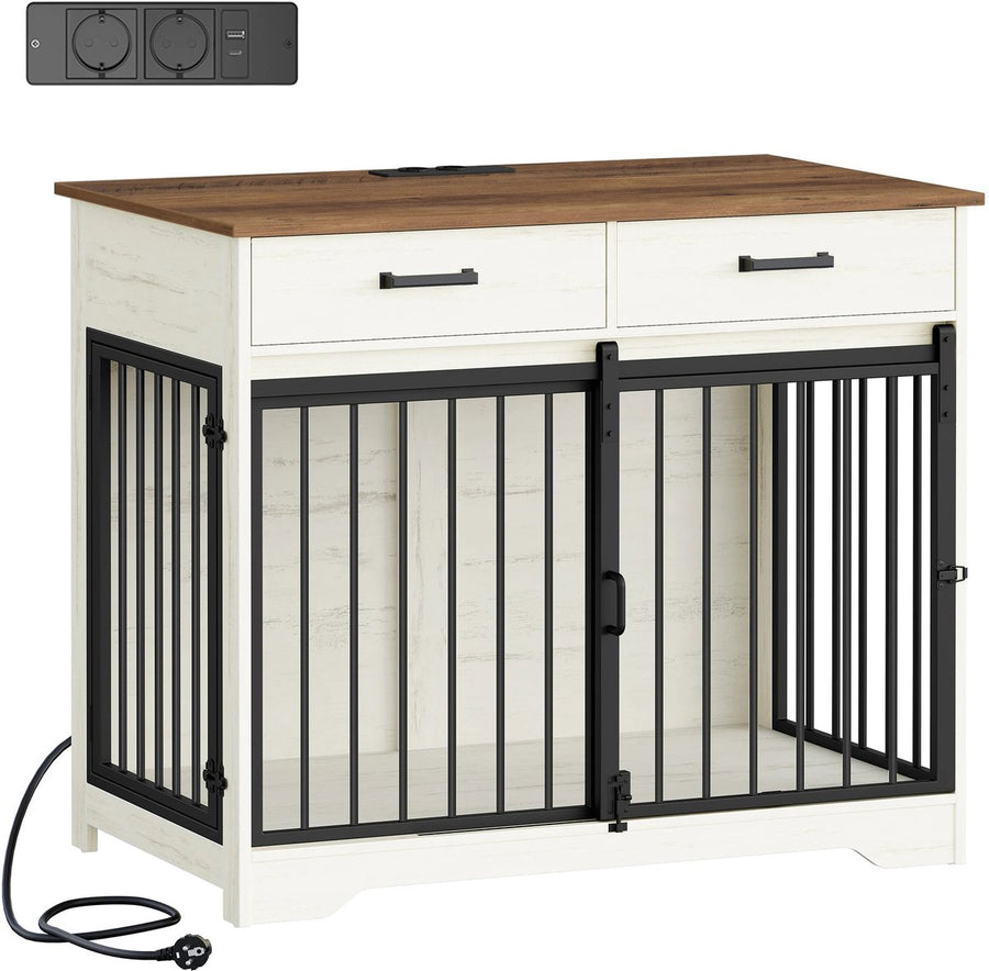 Hondenbench - Meubel - Hondenkooi - Hondenhok - Hondenbox - 2 Deuren - 2 Oplaadpunten - Stopcontact - 97x56x81 Cm - Wit