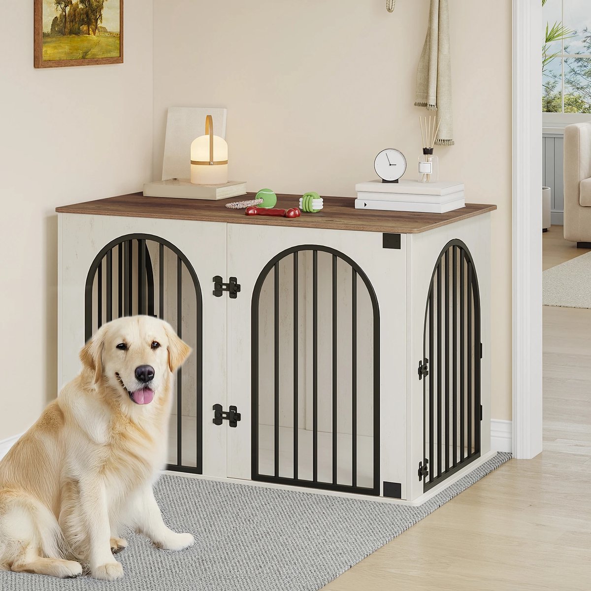 Dog Crate - Furniture - Dog Cage - Dog House - Dog Pen - Side Table - Coffee Table - 3 Doors - 100 × 60 × 63 cm - White
