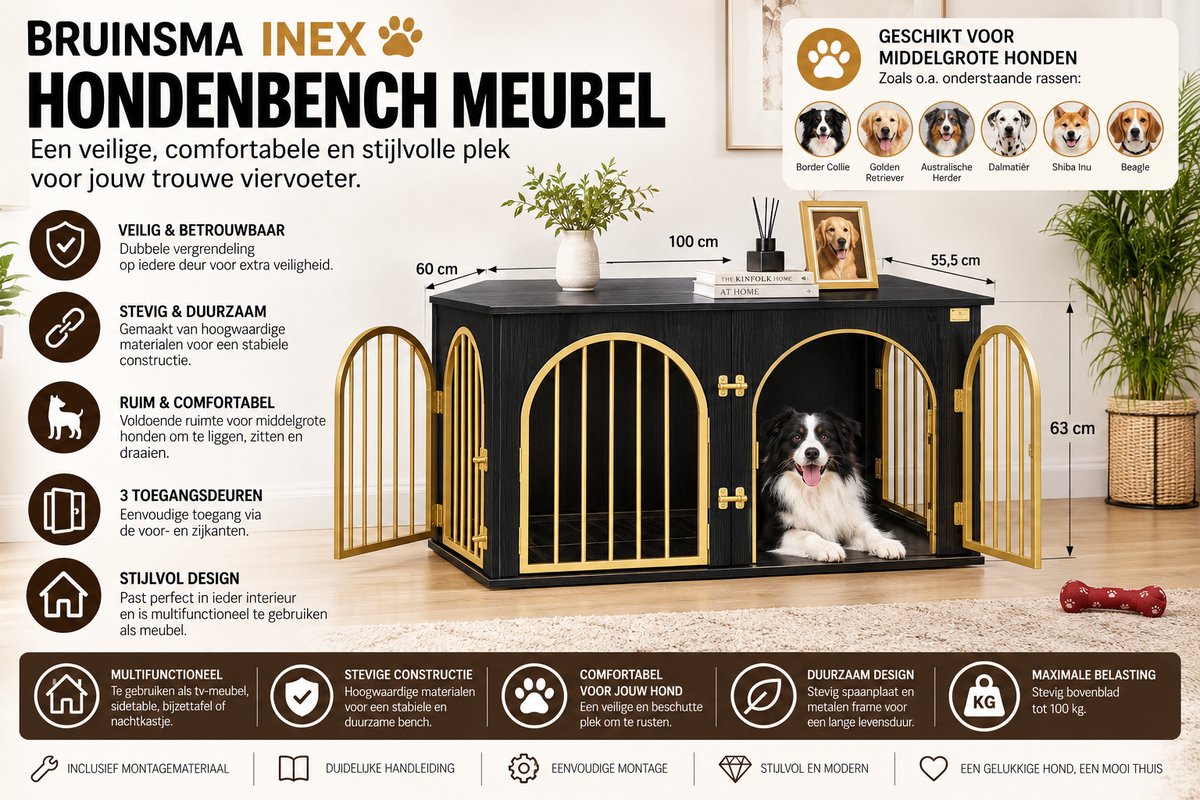 Dog Crate - Furniture - Dog Cage - Dog Kennel - Dog Pen - Side Table - Coffee Table - 3 Doors - 100x60x63 cm - Black