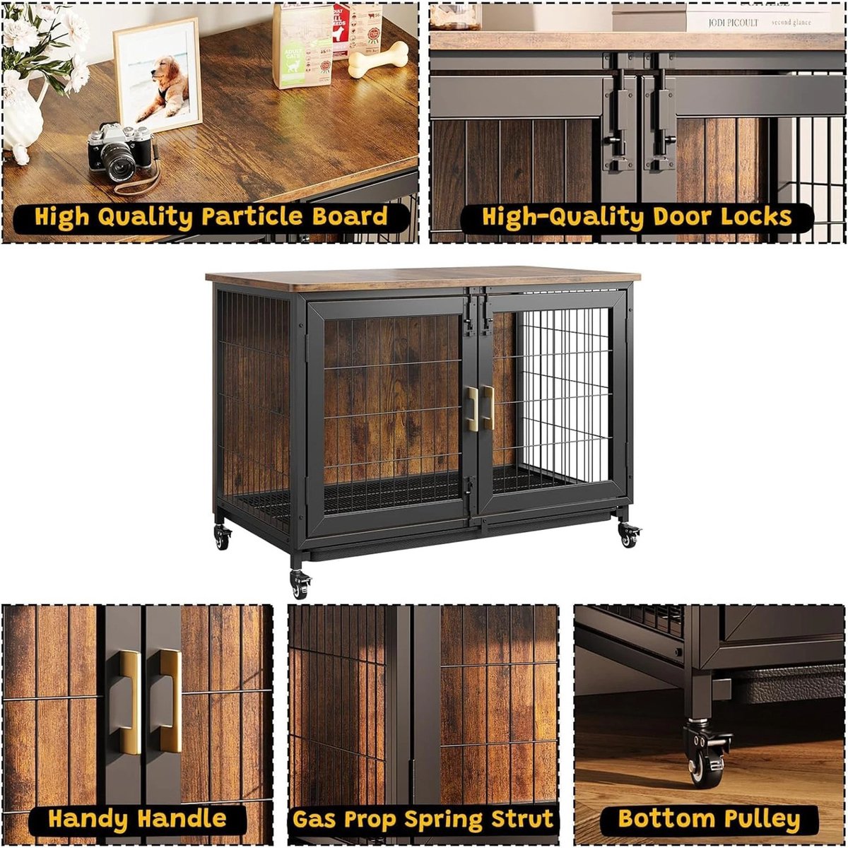 Dog Crate - Furniture - Dog Cage - Dog House - Dog Pen - Coffee Table - Removable Tray - 95x55.9x65 Cm - Brown