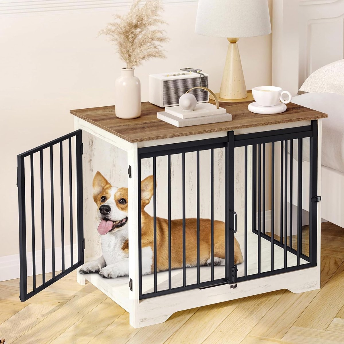 Hondenbench - Meubel - Hondenkooi - Hondenhok - Hondenbox -Salontafel - 2 Deuren - Schuifdeur - 49 × 69 × 64.5 cm - Wit