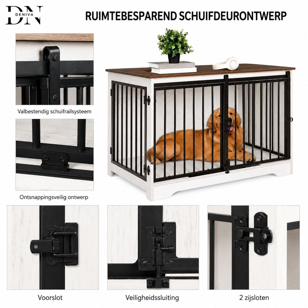 Hondenbench - Meubel - Hondenkooi - Hondenhok - Hondenbox -Salontafel - 2 Deuren - Schuifdeur - 100 x 60 x 68 cm - Wit