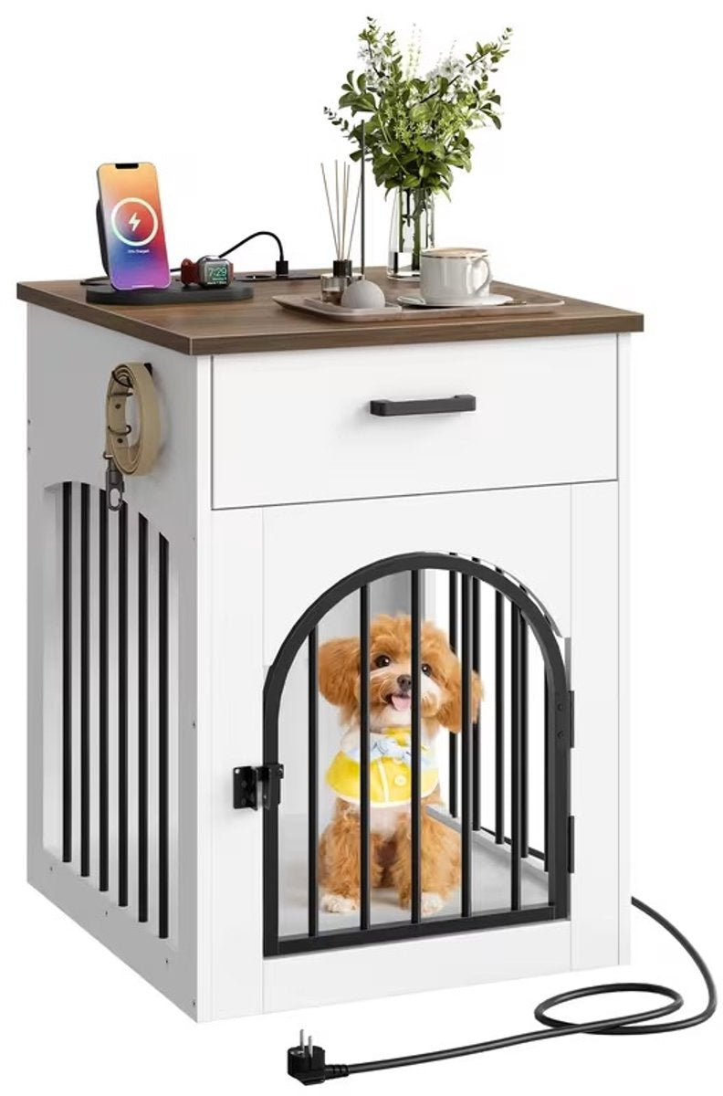 Hondenbench - Meubel - Hondenkooi - Hondenhok - Hondenbox -Salontafel - Met Laadstation - 50 X 58 X 70 cm - Wit