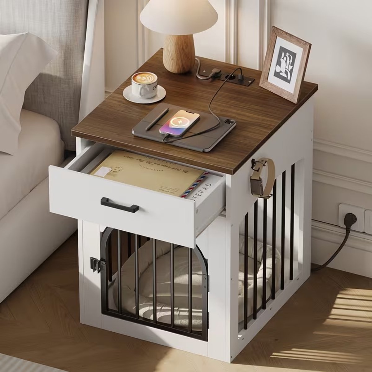 Hondenbench - Meubel - Hondenkooi - Hondenhok - Hondenbox -Salontafel - Met Laadstation - 50 X 58 X 70 cm - Wit
