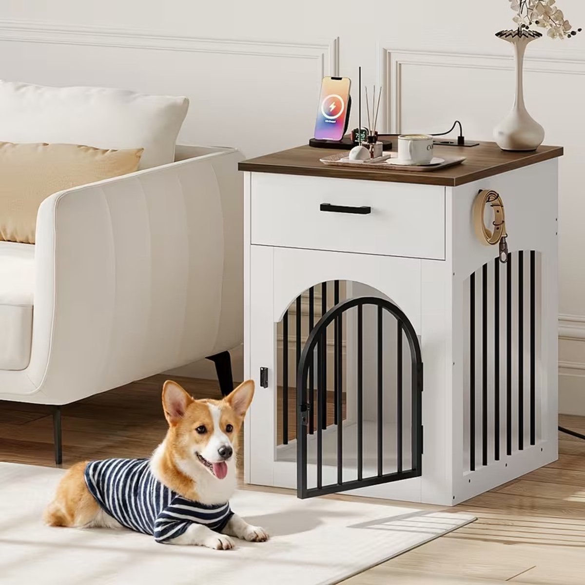 Hondenbench - Meubel - Hondenkooi - Hondenhok - Hondenbox -Salontafel - Met Laadstation - 50 X 58 X 70 cm - Wit