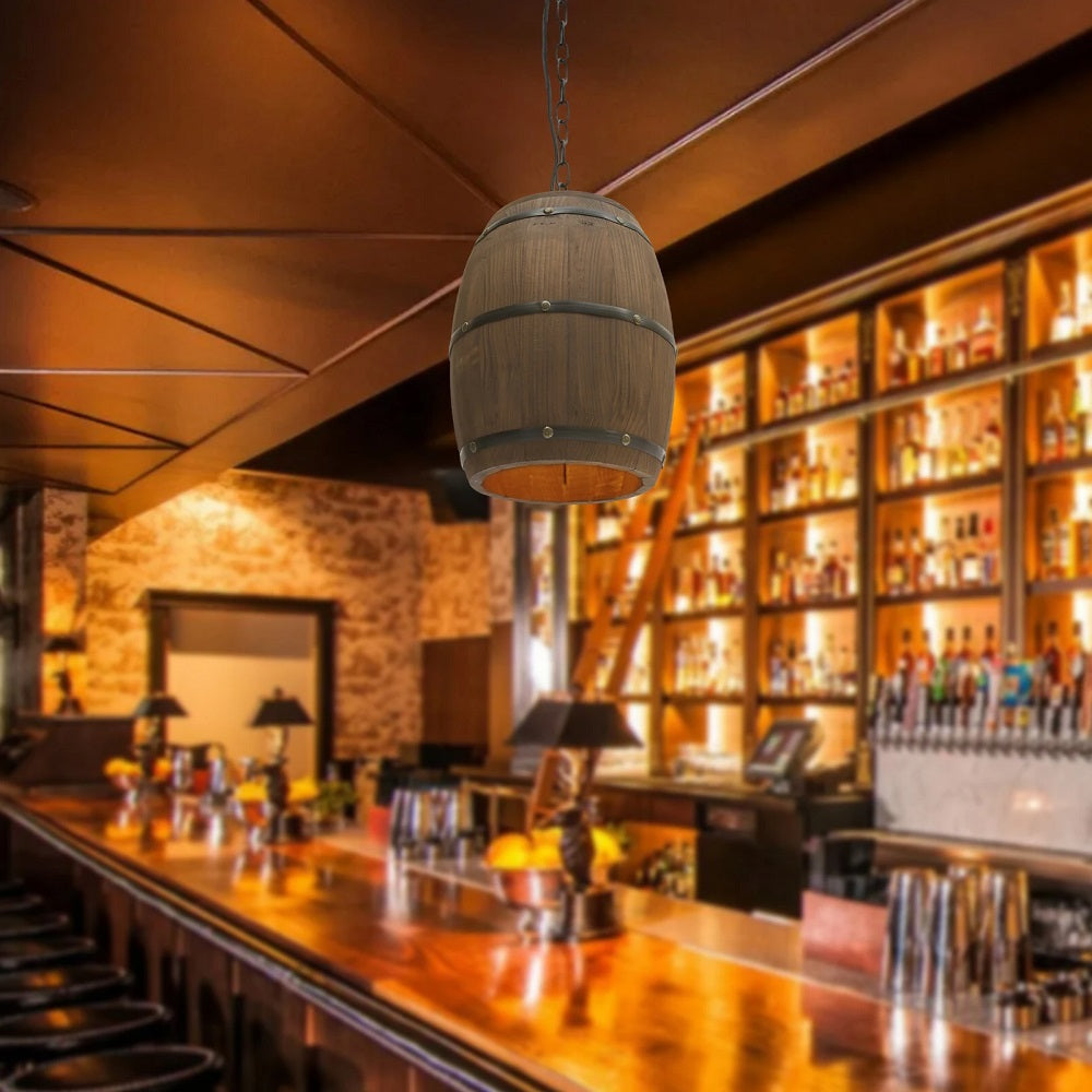 Wooden Wine Barrel Pendant Lamp - Vintage Retro Chandelier - Black - 90 Cm Adjustable Chain - E27