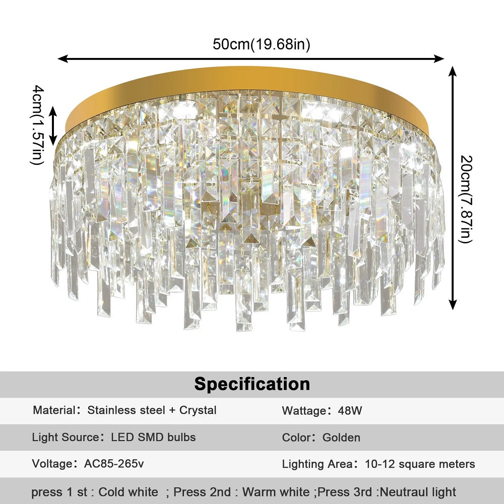 Kristallen Plafond Kroonluchter - LED Plafondlamp - Goud - Woonkamerlamp - 50cm - Crystal - 3 Kleuren - Luxe Woondecoratie