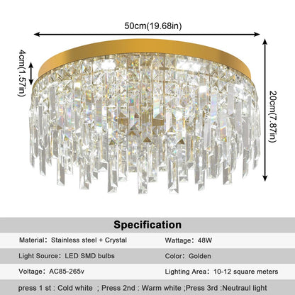 Kristallen Plafond Kroonluchter - LED Plafondlamp - Goud - Woonkamerlamp - 50cm - Crystal - 3 Kleuren - Luxe Woondecoratie