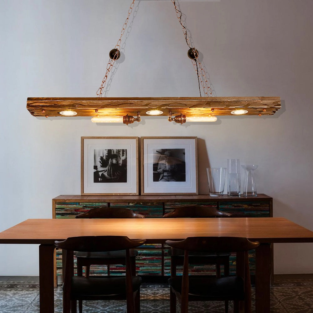Industrial Wood And Metal Pendant Light - Antique Chandelier - Length Approx. 120 cm - E27 - Adjustable - For Kitchens And Dining Rooms