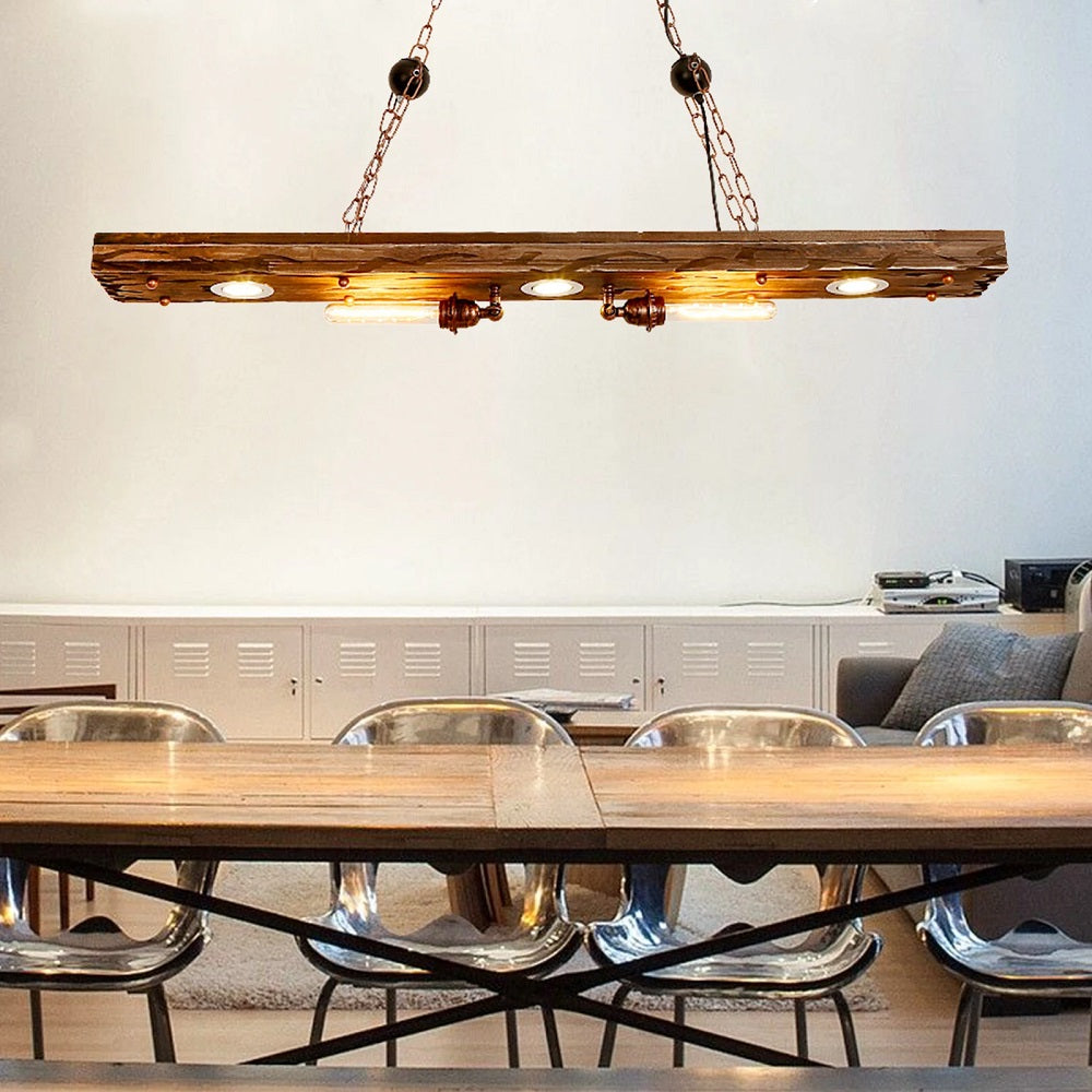 Industrial Wood And Metal Pendant Light - Antique Chandelier - Length Approx. 120 cm - E27 - Adjustable - For Kitchens And Dining Rooms