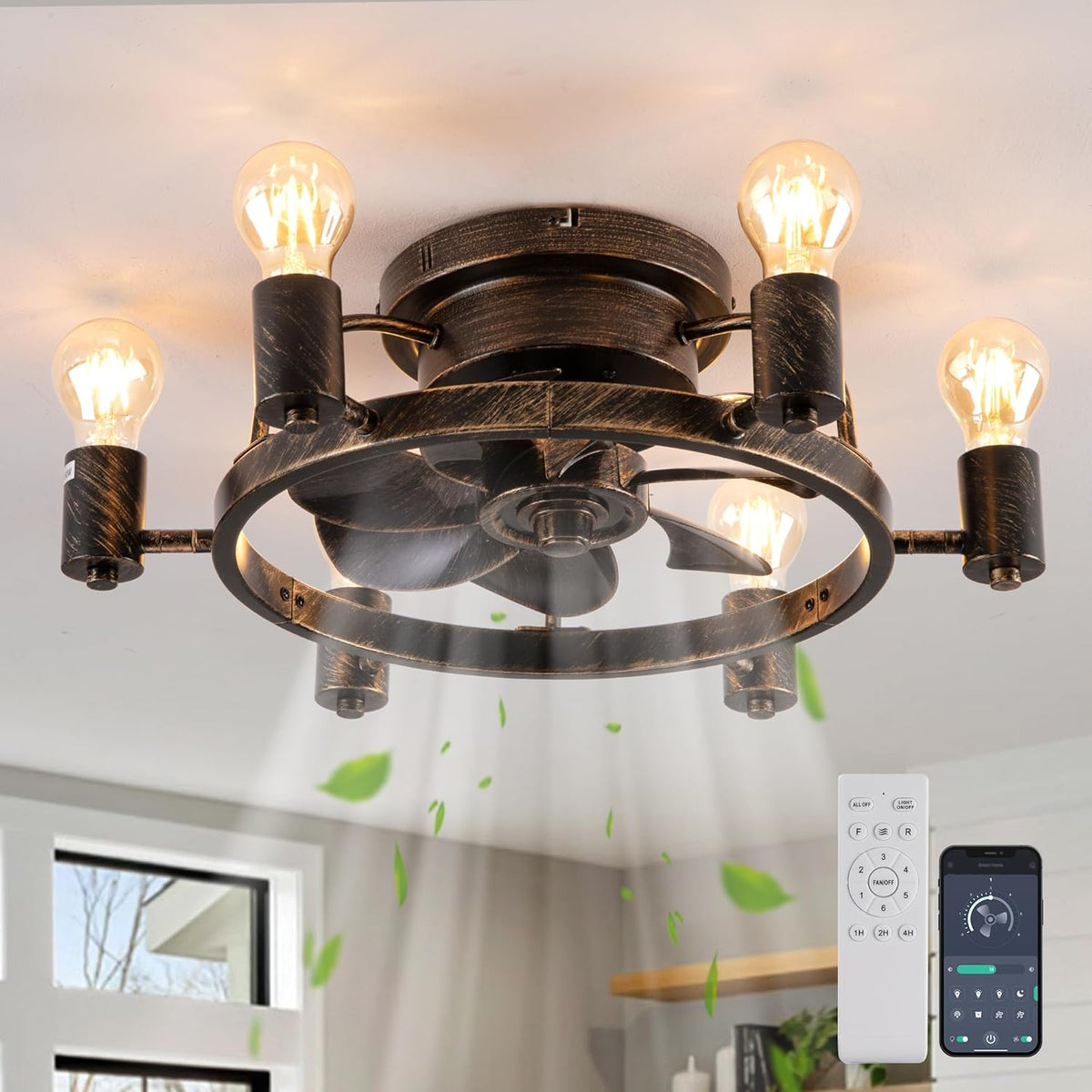 Industrial Retro Style Ceiling Fan - Fan Lamp - Smart Lamp - Dimmable - 6 Settings - Modern Lamp - 6 Bulbs