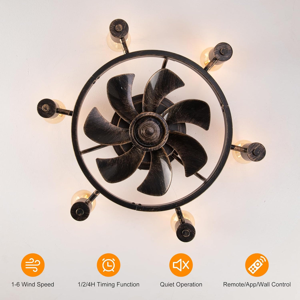 Industrial Retro Style Ceiling Fan - Fan Lamp - Smart Lamp - Dimmable - 6 Settings - Modern Lamp - 6 Bulbs