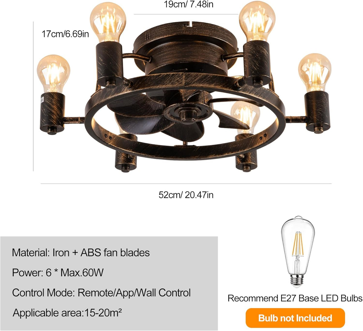 Industrial Retro Style Ceiling Fan - Fan Lamp - Smart Lamp - Dimmable - 6 Settings - Modern Lamp - 6 Bulbs