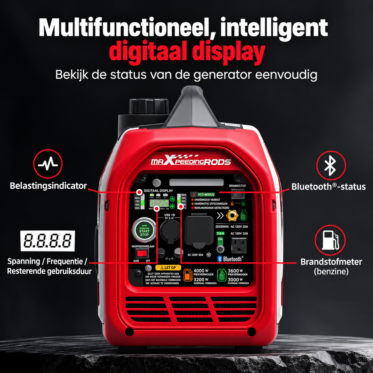 Inverter Generator 3500W - Gasoline and LPG/Propane - Dual Fuel - 3200W - 220–240 V - Silent 4-Stroke Generator with Electric Start, App Control and USB - For Camping, RV and Emergency Power