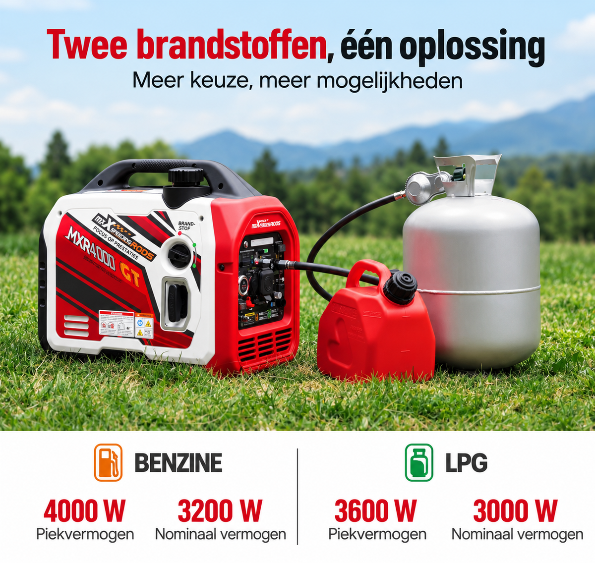 Inverter Generator 3500W - Gasoline and LPG/Propane - Dual Fuel - 3200W - 220–240 V - Silent 4-Stroke Generator with Electric Start, App Control and USB - For Camping, RV and Emergency Power