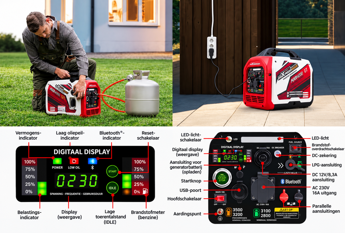 Inverter Generator 3500W - Gasoline and LPG/Propane - Dual Fuel - 3200W - 220–240 V - Silent 4-Stroke Generator with Electric Start, App Control and USB - For Camping, RV and Emergency Power