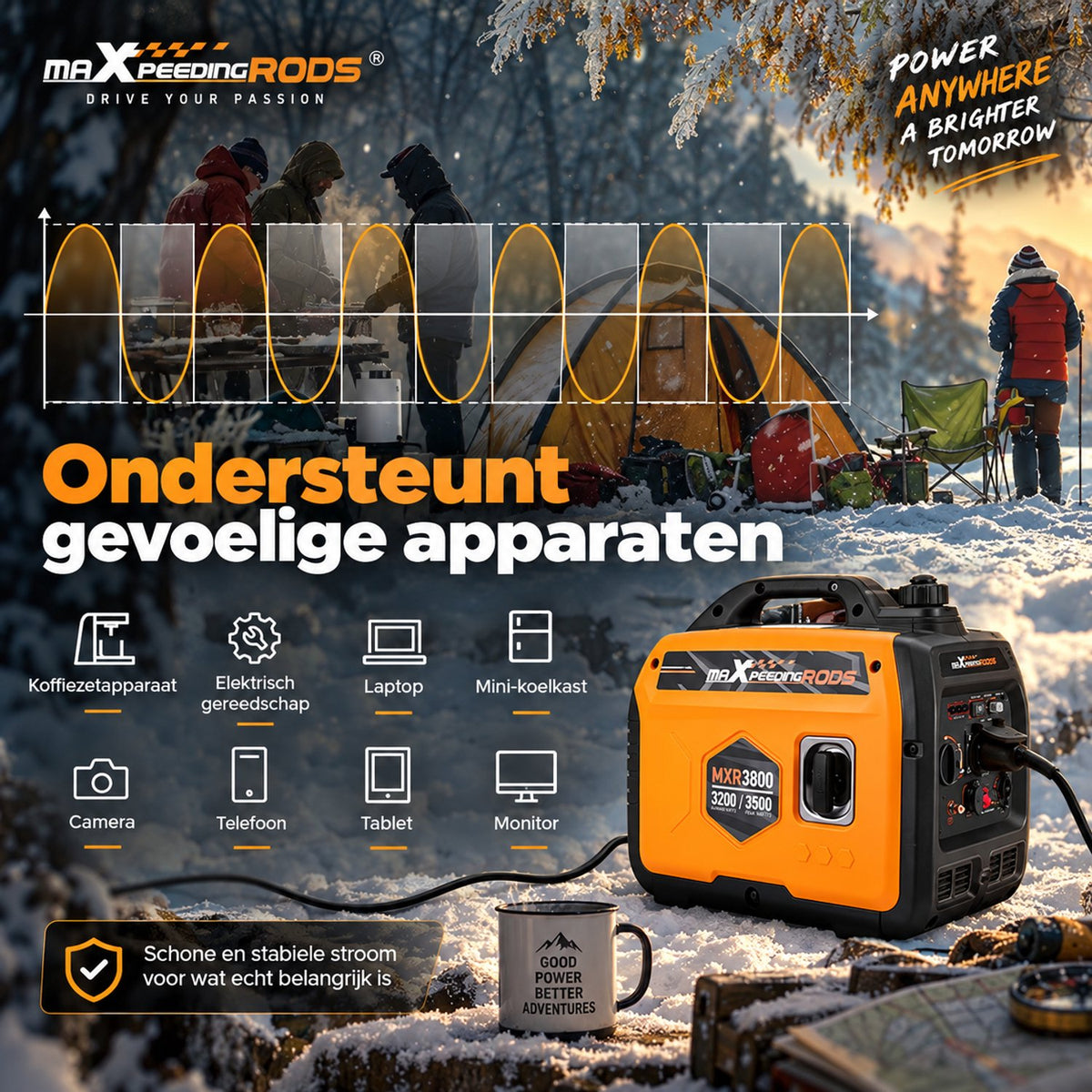 Inverter Generator Benzine - Aggregaat - 3200W Continu - 3500W Piek - 4-Takt - Eco-modus - Noodstroom - Stroomgenerator voor Thuis, Kamperen, Evenementen & Noodpakket