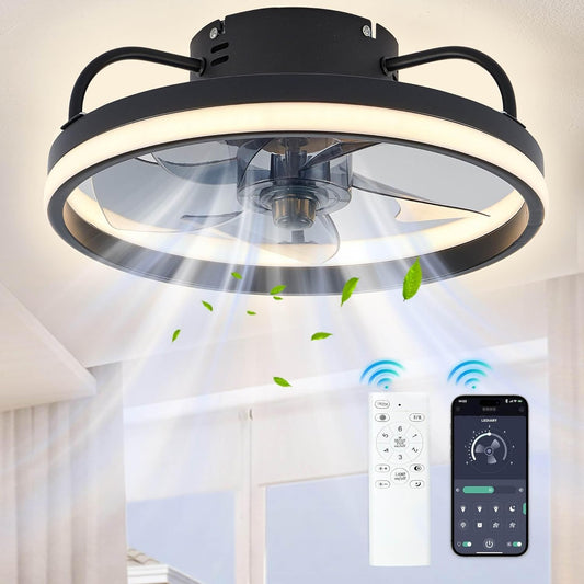 LuxiLamps - LED Ventilator Plafondlamp - APP - Plafondventilator - Zwart - Met Dimmer - 33 cm - 6 Standen Ventilator - Keuken Lamp - Woonkamerlamp - Moderne Lamp