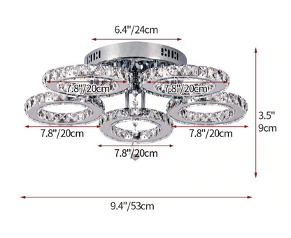 LuxiLamps - 5 Heads Plafonnière - Dimbaar Met APP & Afstandsbediening - Moderne 5 Ringen Chroom Kroonluchter - Verlichting - LED Crystal Plafondlamp - 50W