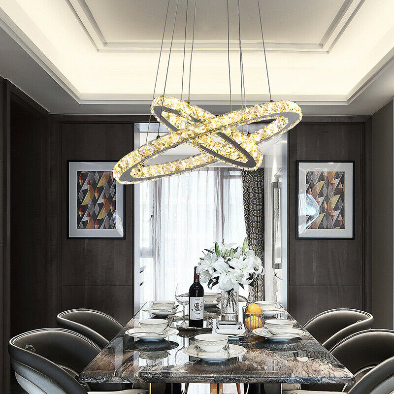 Crystal 2 Oval Ring Pendant Light - Chrome - Adjustable Suspension - LED Chandelier - With Wall Switch - For Living And Dining Rooms