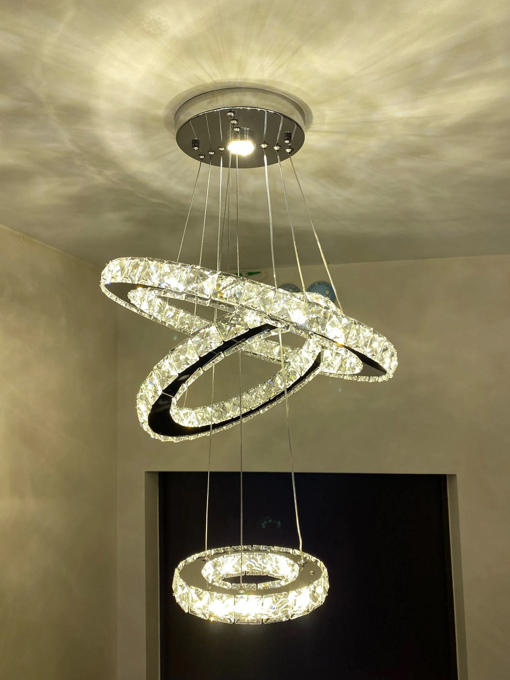 Kristallen 3 Ringen Hanglamp - Grootste Ring Ø 40 cm - Chroom - Dimbaar Met Afstandsbediening - Moderne Kroonluchter Voor De Woonkamer