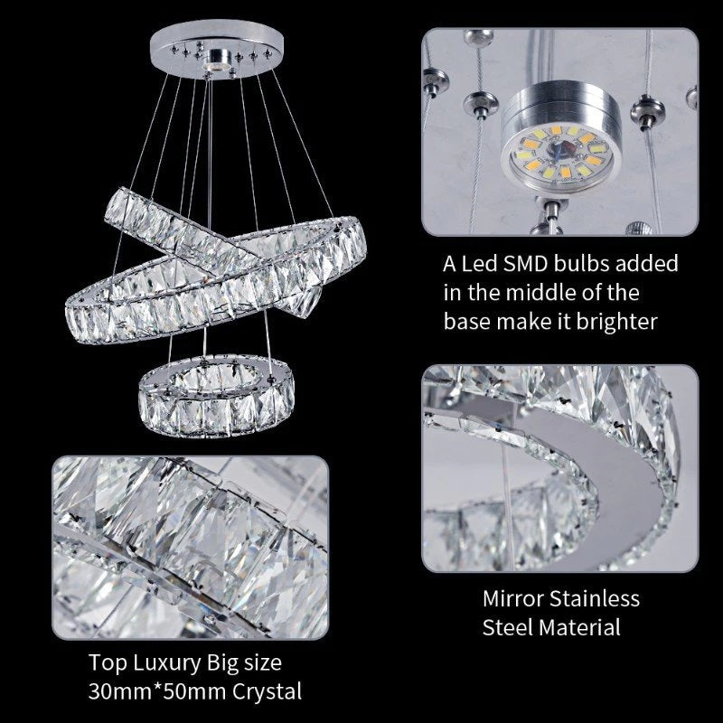 Kristallen 3 Ringen Hanglamp - Grootste Ring Ø 40 cm - Chroom - Dimbaar Met Afstandsbediening - Moderne Kroonluchter Voor De Woonkamer