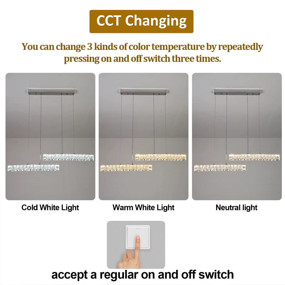 Kristallen 2 Lichtbalken Hanglamp - Chroom - SMD-LED Inbegrepen - 3 Schakelbare Witte Lichtkleuren - Moderne Kroonluchter Voor Woonkamer En Eetkamer