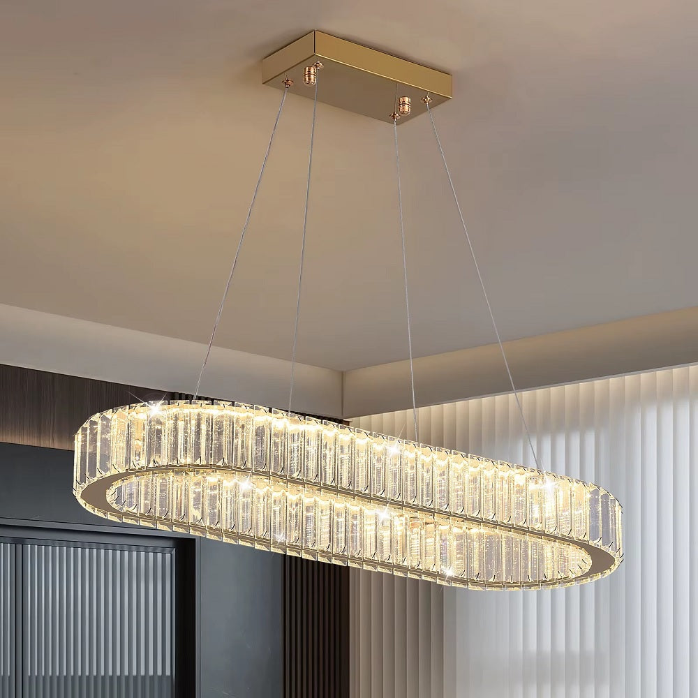 Oval Crystal LED Pendant Light - Modern Chandelier - Gold - With Remote Control - For Living And Dining Rooms