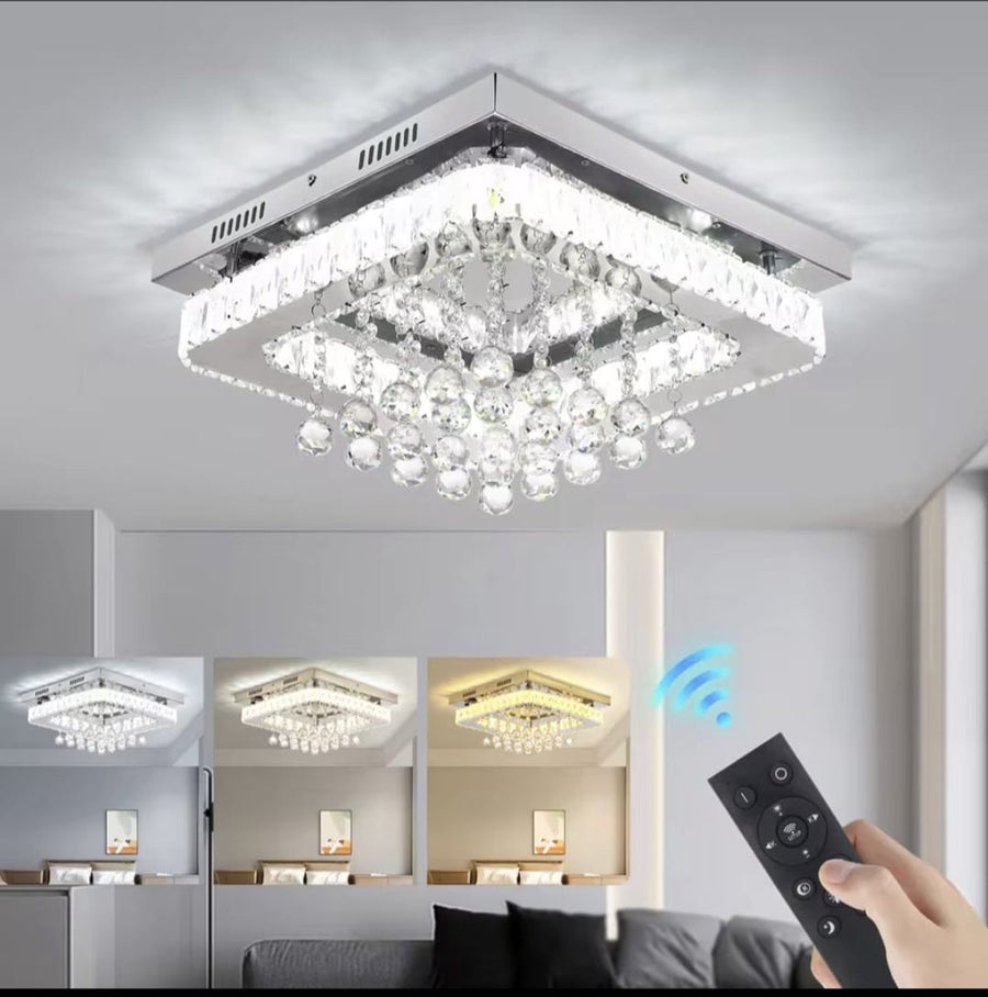 Square Crystal LED Ceiling Light - 40 cm - 24 W - Dimmable With Remote Control - 3 Adjustable White Light Tones - Modern Chandelier For The Living Room
