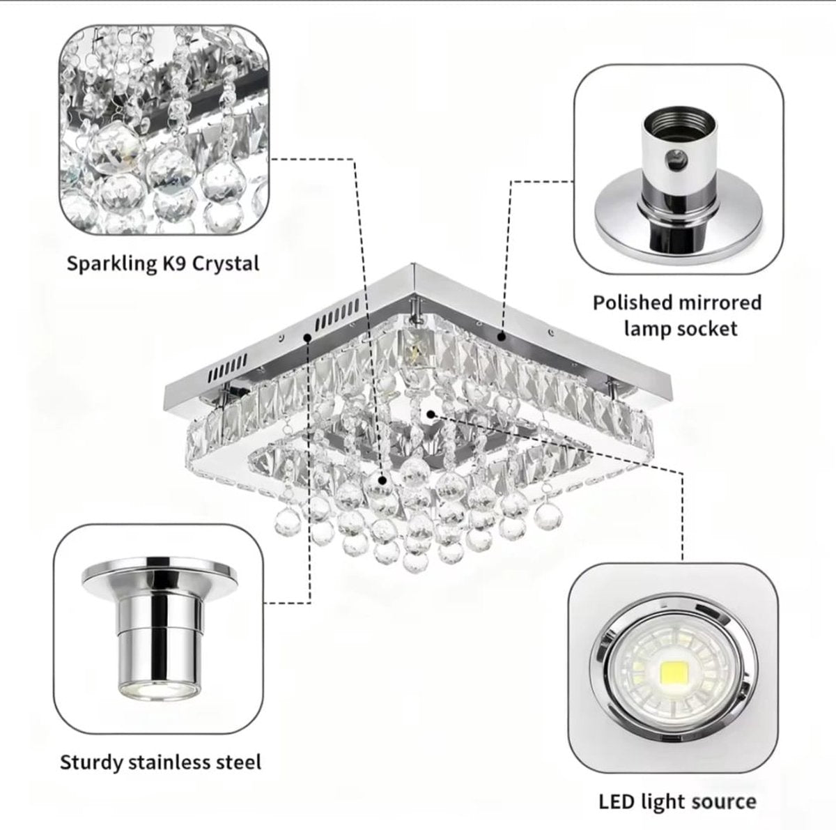 Square Crystal LED Ceiling Light - 40 cm - 24 W - Dimmable With Remote Control - 3 Adjustable White Light Tones - Modern Chandelier For The Living Room