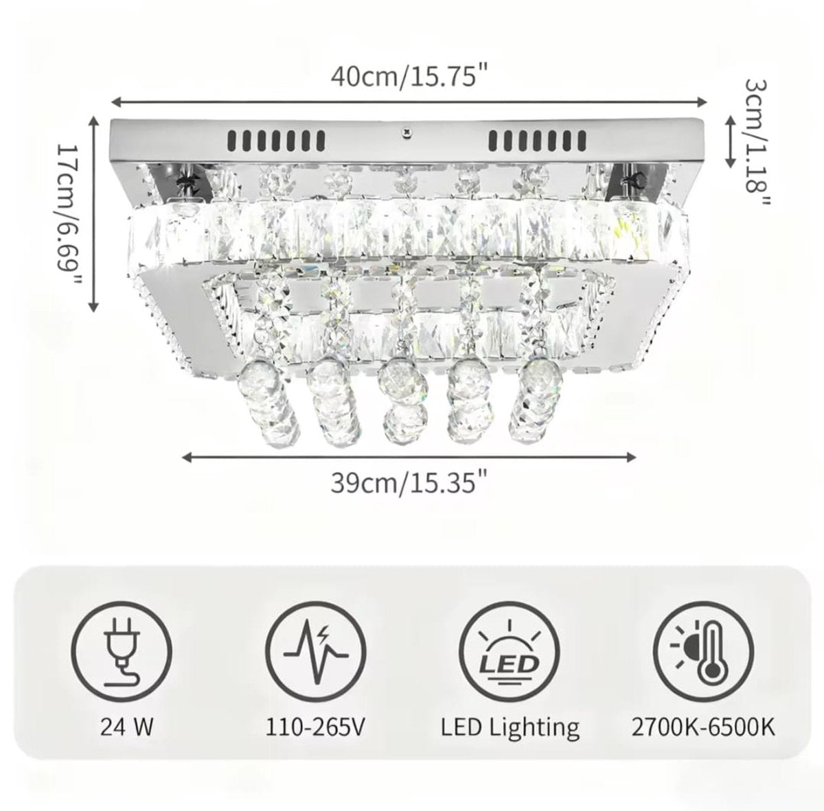 Square Crystal LED Ceiling Light - 40 cm - 24 W - Dimmable With Remote Control - 3 Adjustable White Light Tones - Modern Chandelier For The Living Room