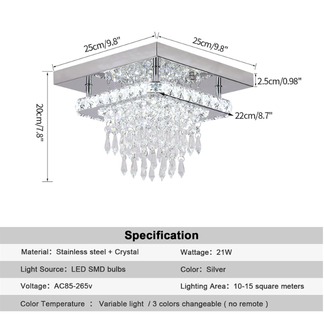 K9 Crystal LED Ceiling Light - Joined Fixture - Stainless Steel - Warm White - 24 W - Wall Switch