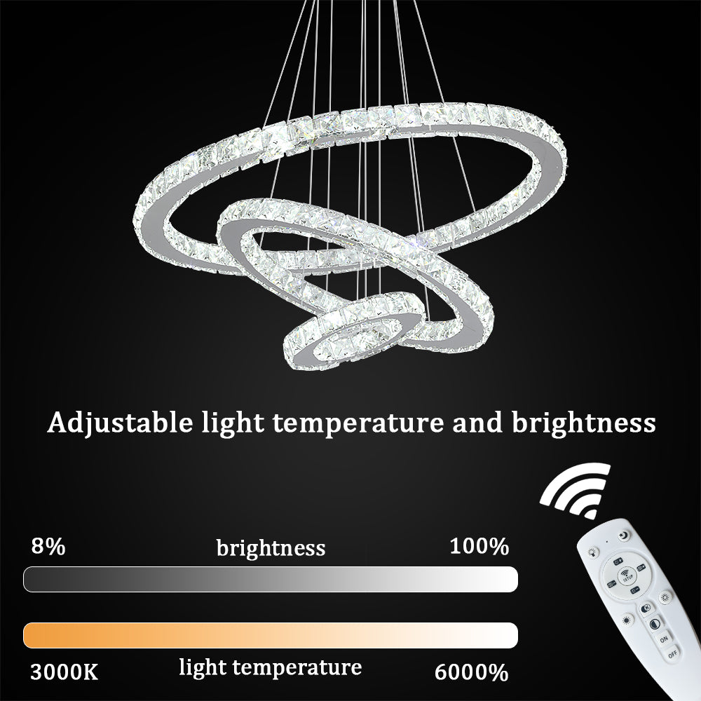 Kristallen 3 Ringen Hanglamp - Grootste Ring Ø 60 cm - Chroom - Dimbaar Met Afstandsbediening - Moderne Kroonluchter Voor De Woonkamer