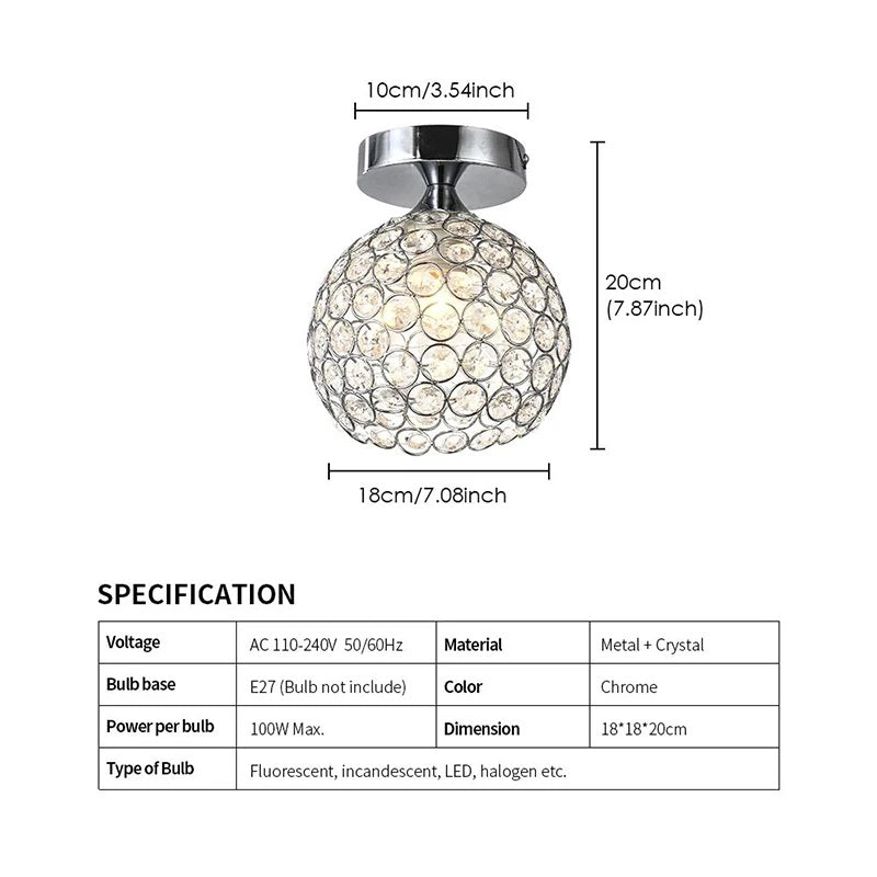 Crystal Ceiling Lamp - Round LED Crystal - Chandelier - Silver - Hallway or Entryway Lamp - Crystal LED Lamp - Flush Mount
