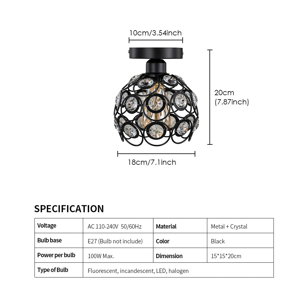 Crystal Ceiling Lamp - LED Round Crystal - Chandelier - Black - Aisle or Hall Lamp - Crystal Led Lamp - Ceiling Light