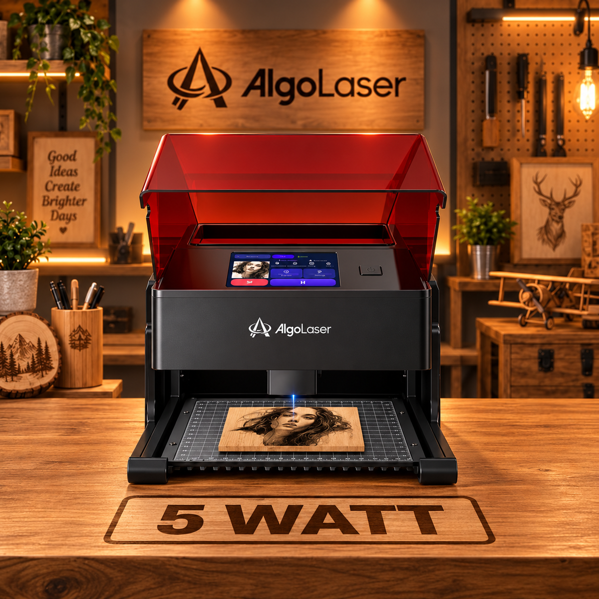 Laser Graveermachine Pixi 5W - 3.5 Inch Touchscreen - Laser Cutter - Laserprinter All In One - Graveren - Display - Zwart/Rood - Laser Snijmachine - Bedienbaar Met APP